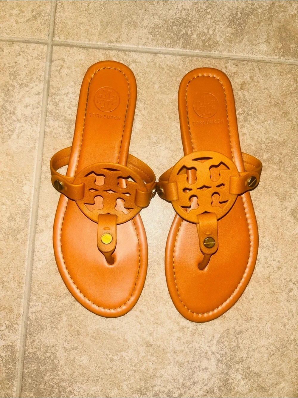 Tory Burch Orange Miller Logo Leather Thong Sandals Flip Flops Size 7